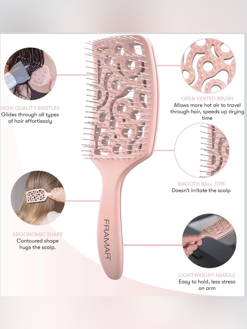 FRAMAR Professional Vented Hair Brush Champagne Pink Detangling Blow Dry Brush